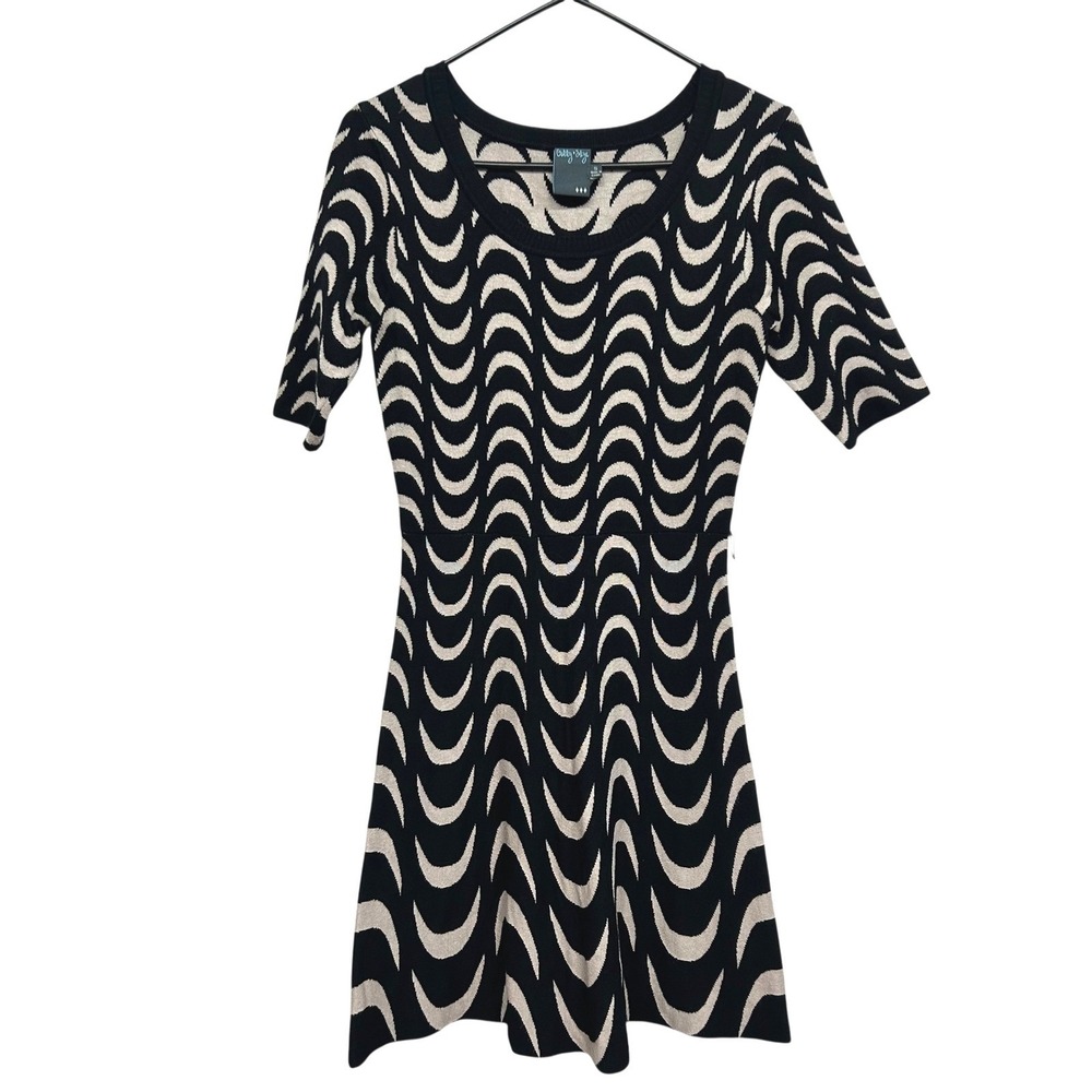 Wave Knit Sweater Dress Mod Indie S Black Beige Retro Minimalist Op Art Festival